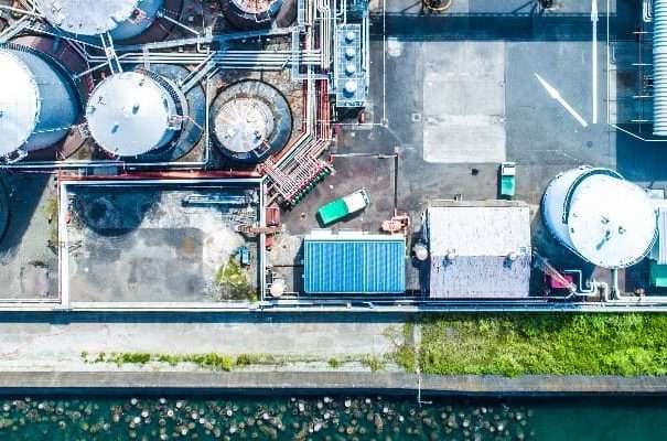 Birds eye view of a process piping facility